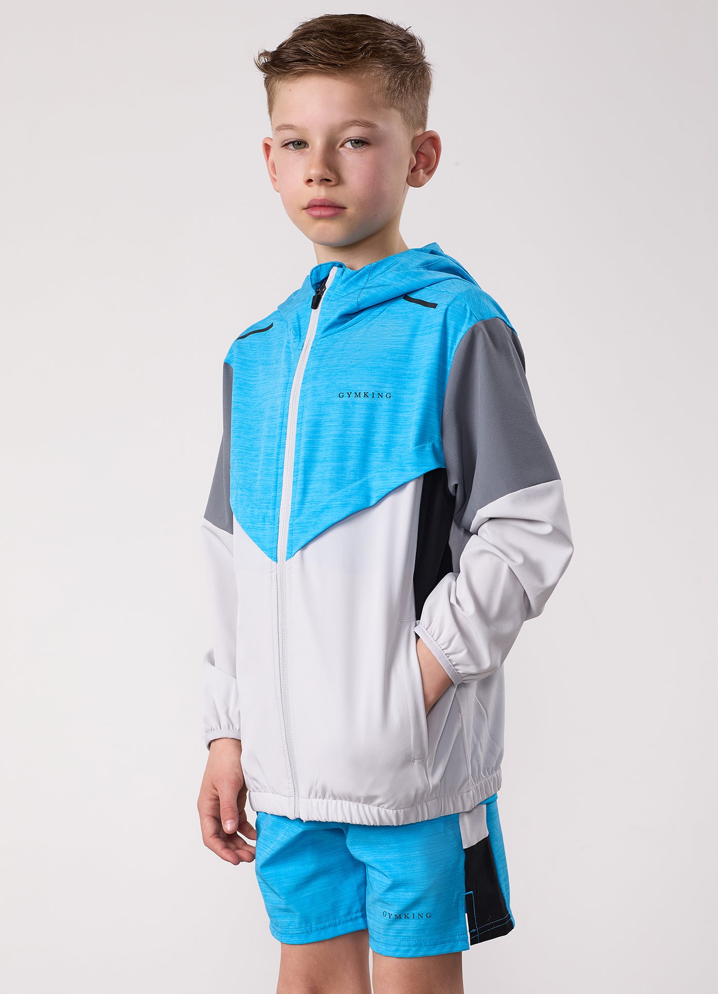 Gym King Kids Vision Tracksuit Top and Shorts - Light Grey/Portofino Blue