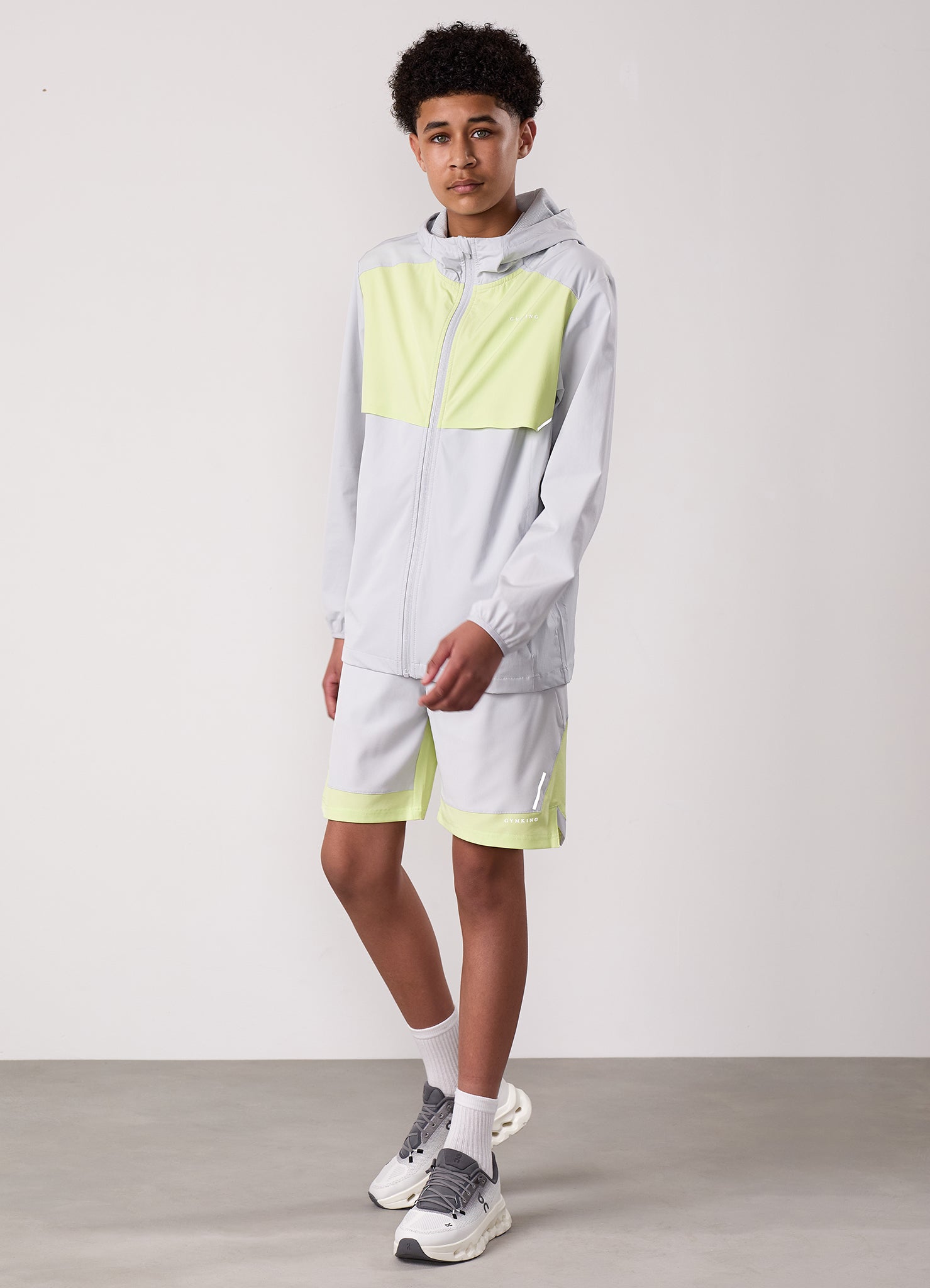 Gym King Kids Advance Tracksuit Top and Shorts - Light Grey/Limelight