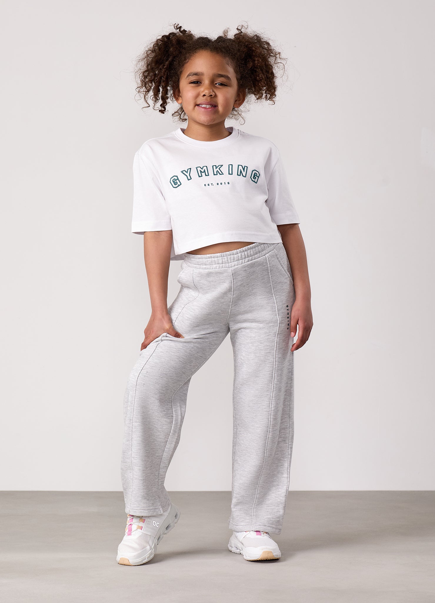 Gym King Kids Shadow Cropped Tee - White/Dusky Fern