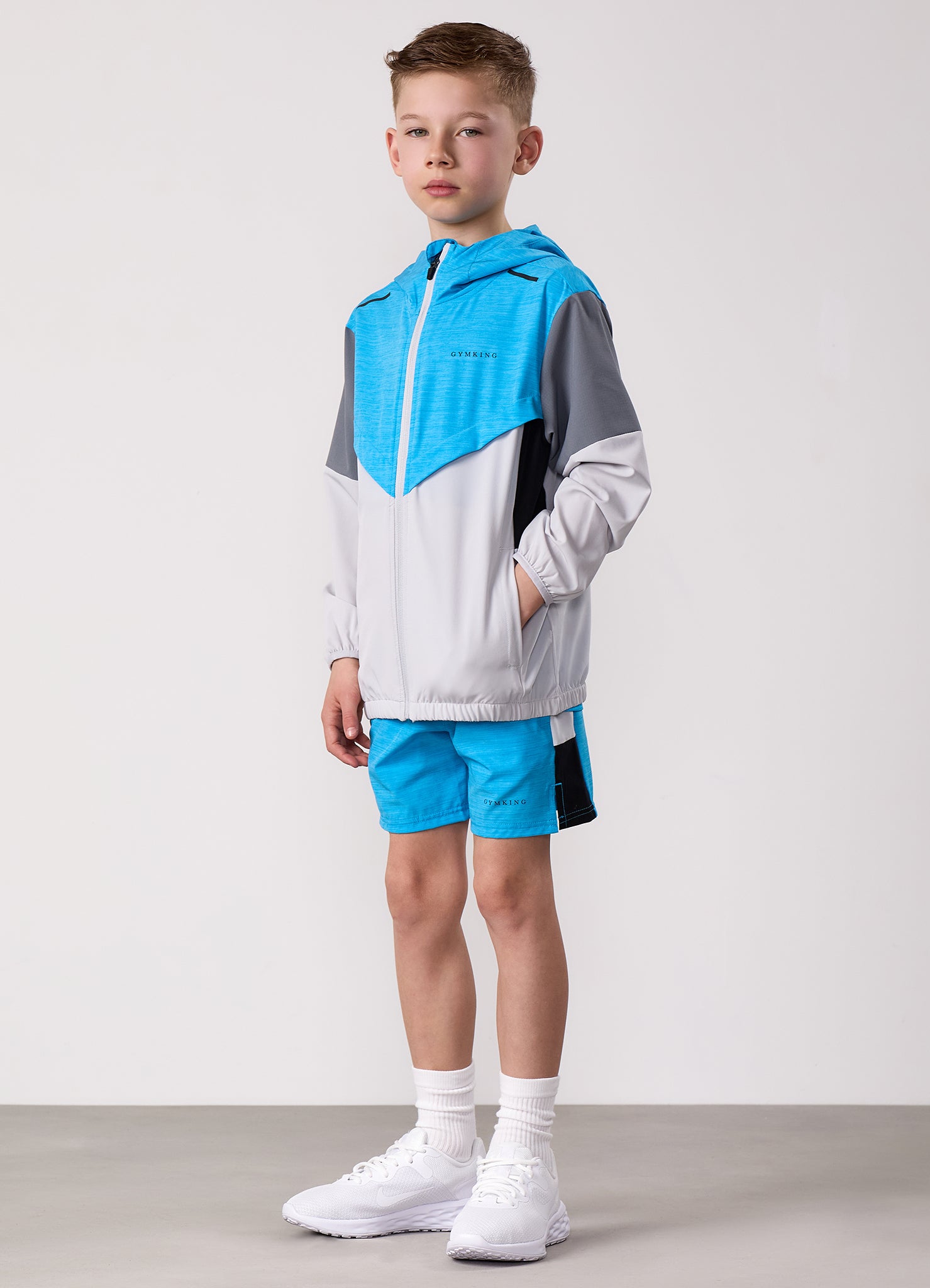 Gym King Kids Vision Tracksuit Top and Shorts - Light Grey/Portofino Blue