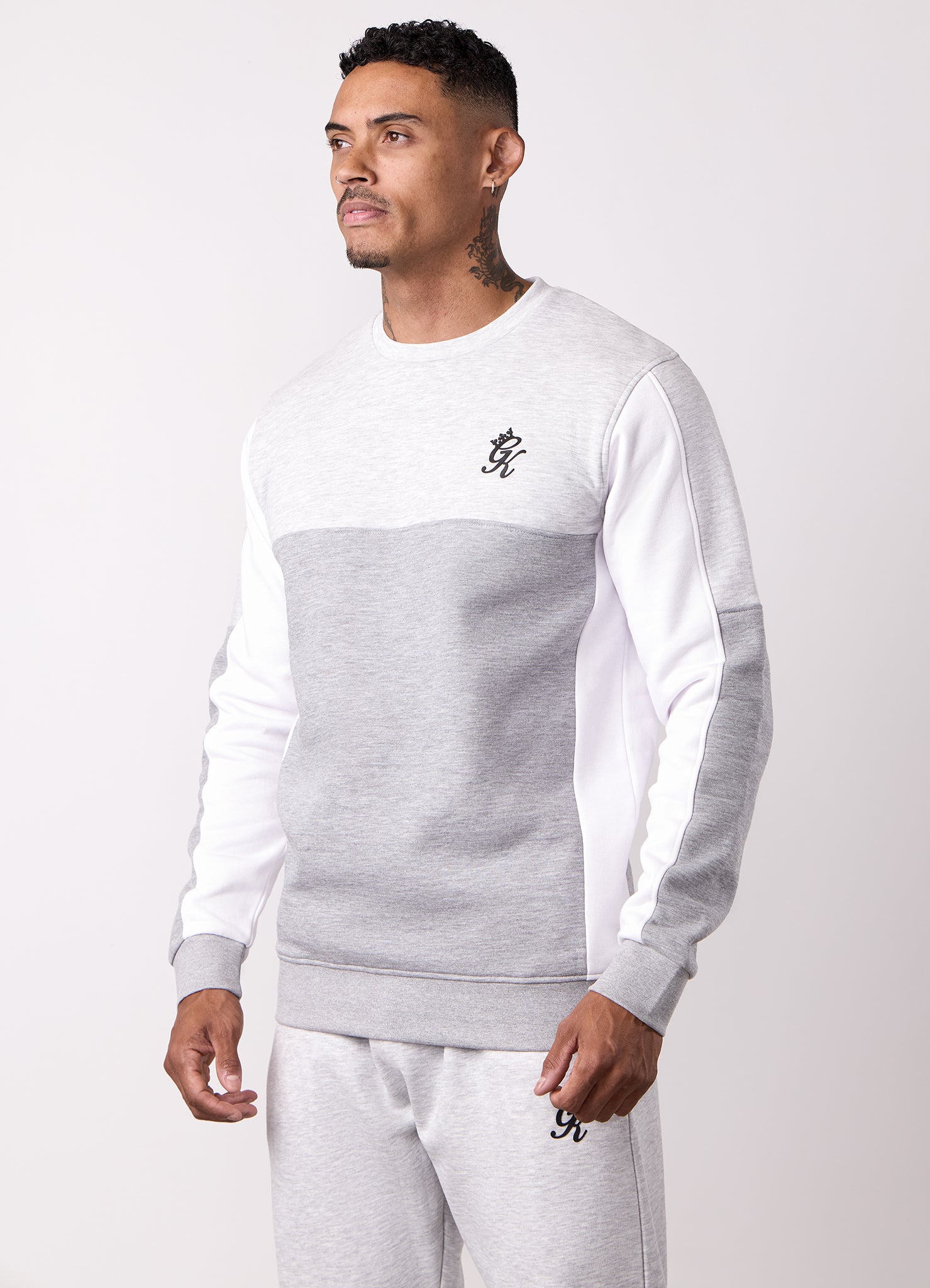 Gym King Contrast Panel Crew Tracksuit - Snow Marl/Grey Marl
