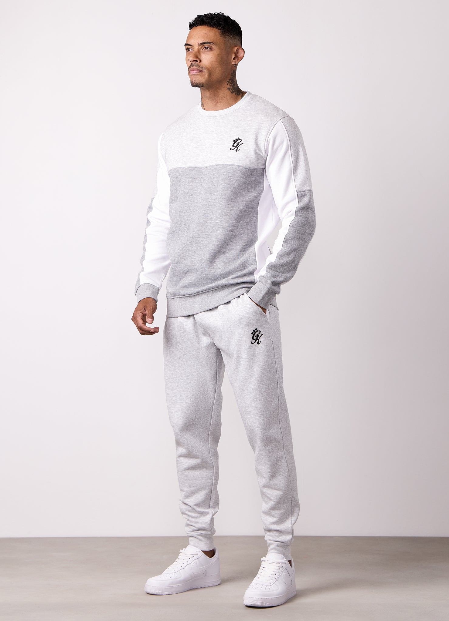 Gym King Contrast Panel Crew Tracksuit - Snow Marl/Grey Marl