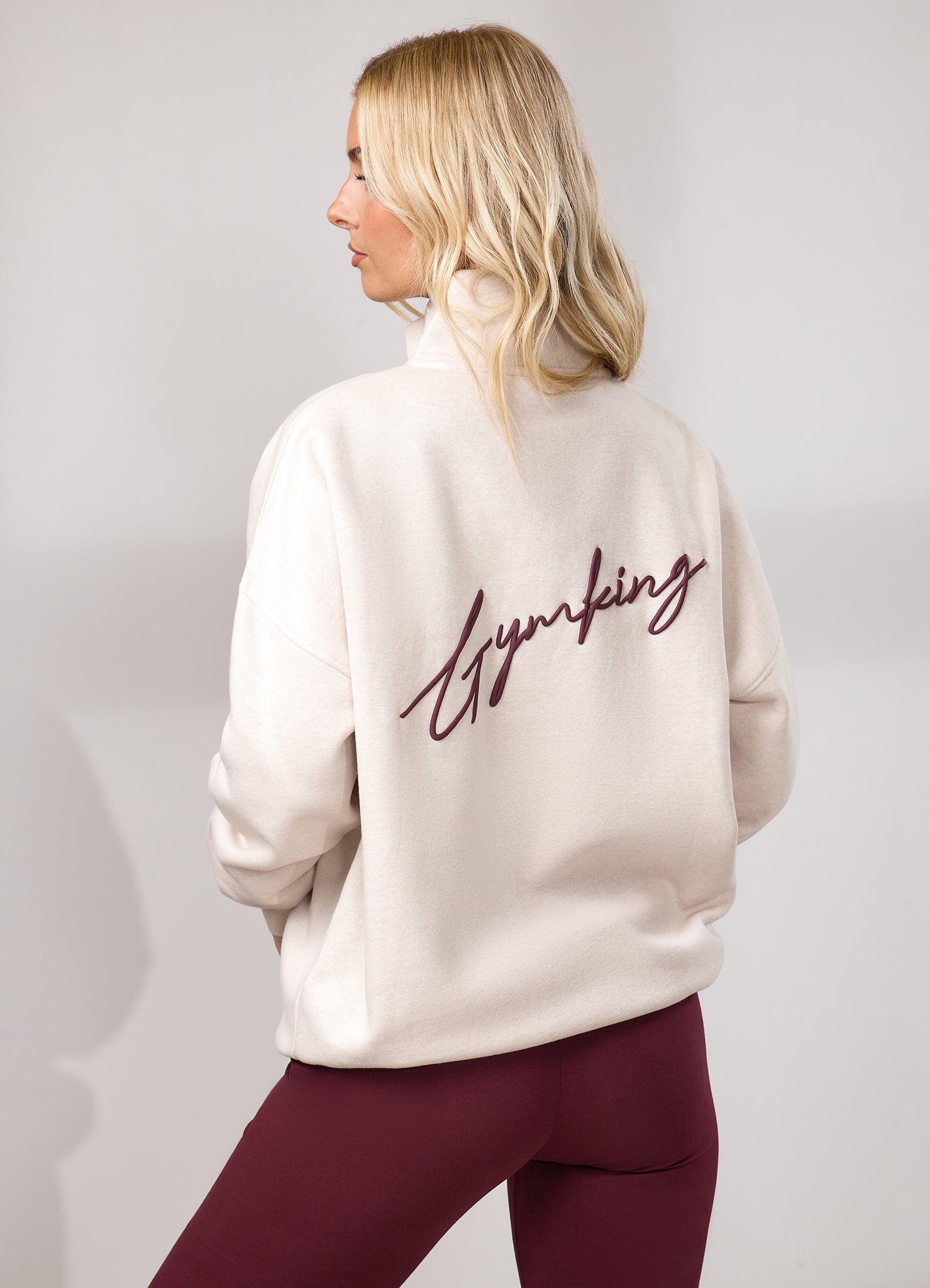 Gym King Script 1/4 Zip Fleece Funnel - Butterscotch Marl/Deep Cherry