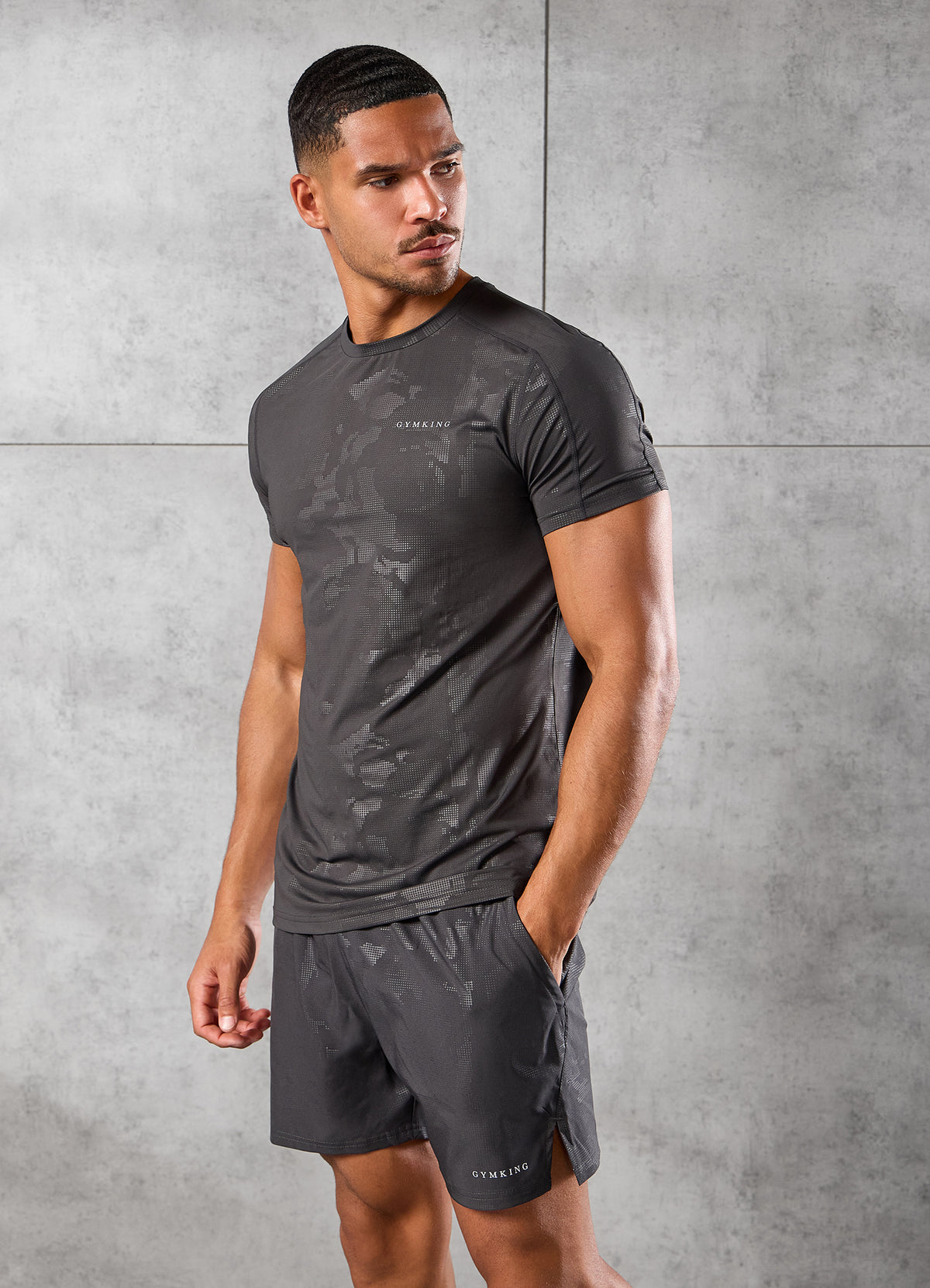 Gym King T-shirt met camo-motief in reliëf - donker tin