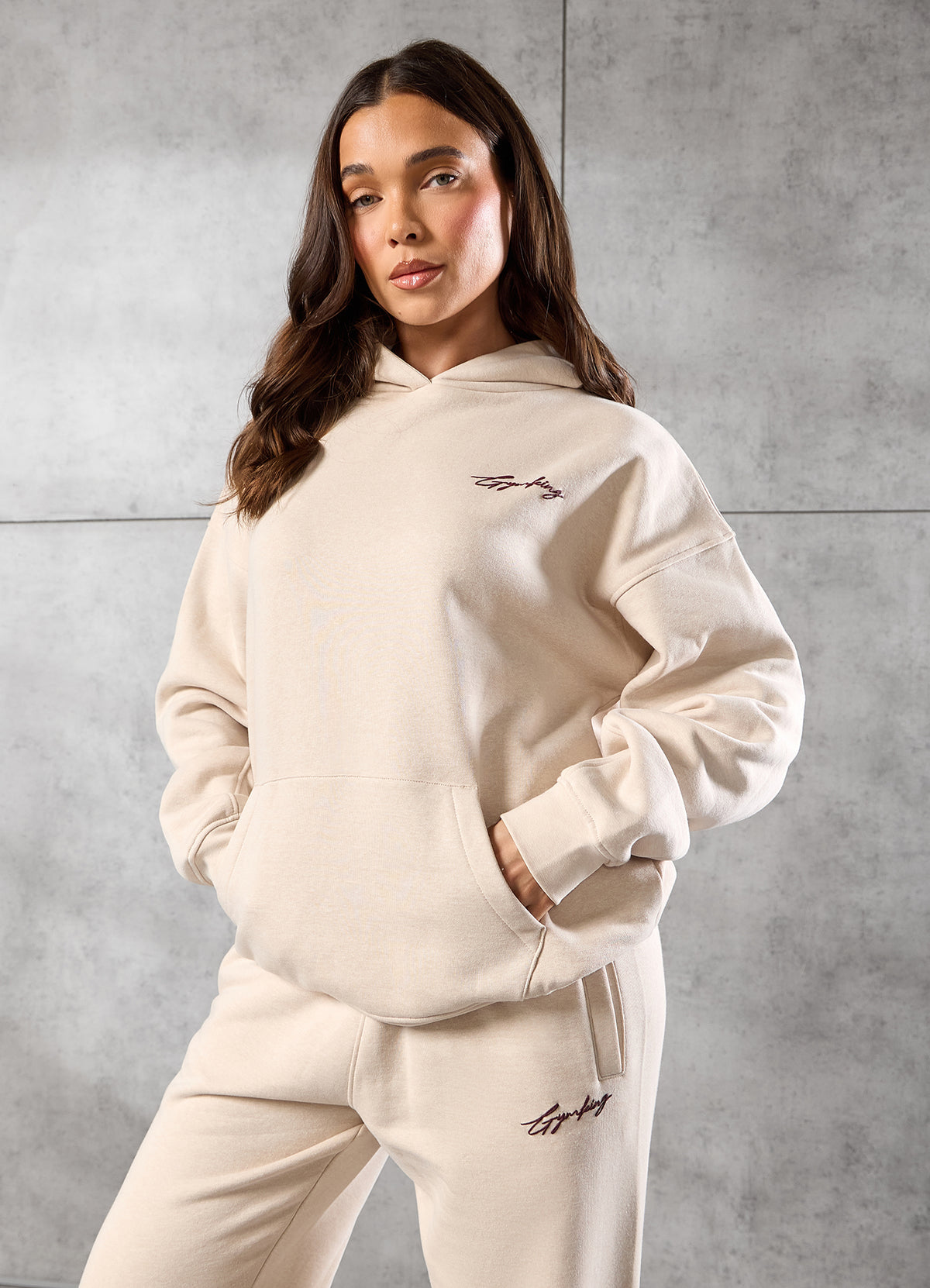 Gym King Script Fleece Hoodie - Butterscotch Marl/Deep Cherry