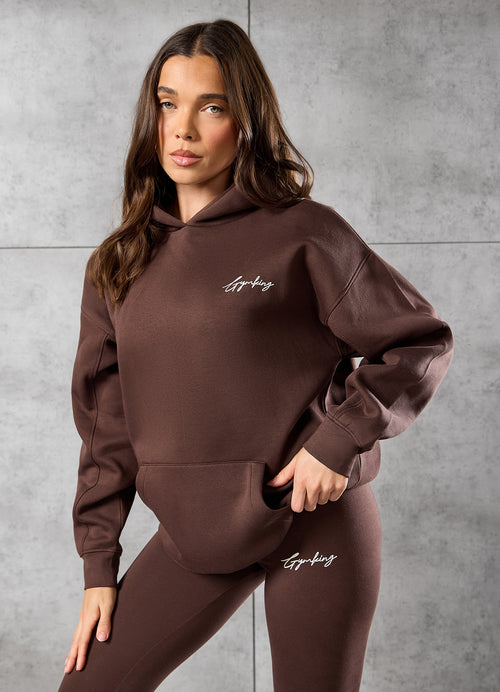 Gym King Script Fleece Hoodie - Dark Chocolate/Cream