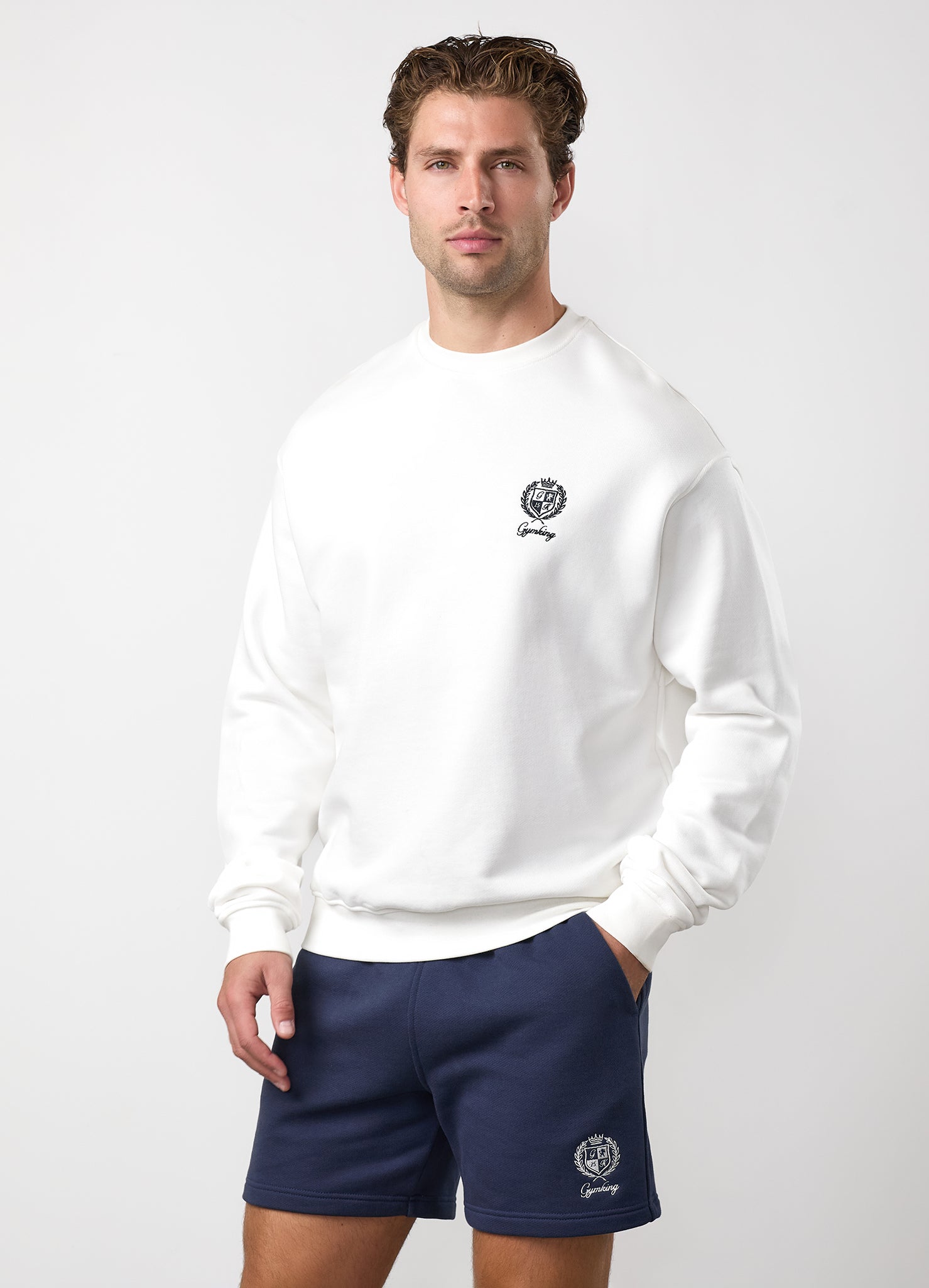 Gym King Heritage Crest Loopback Sweatshirt - Cream/Indigo Blue