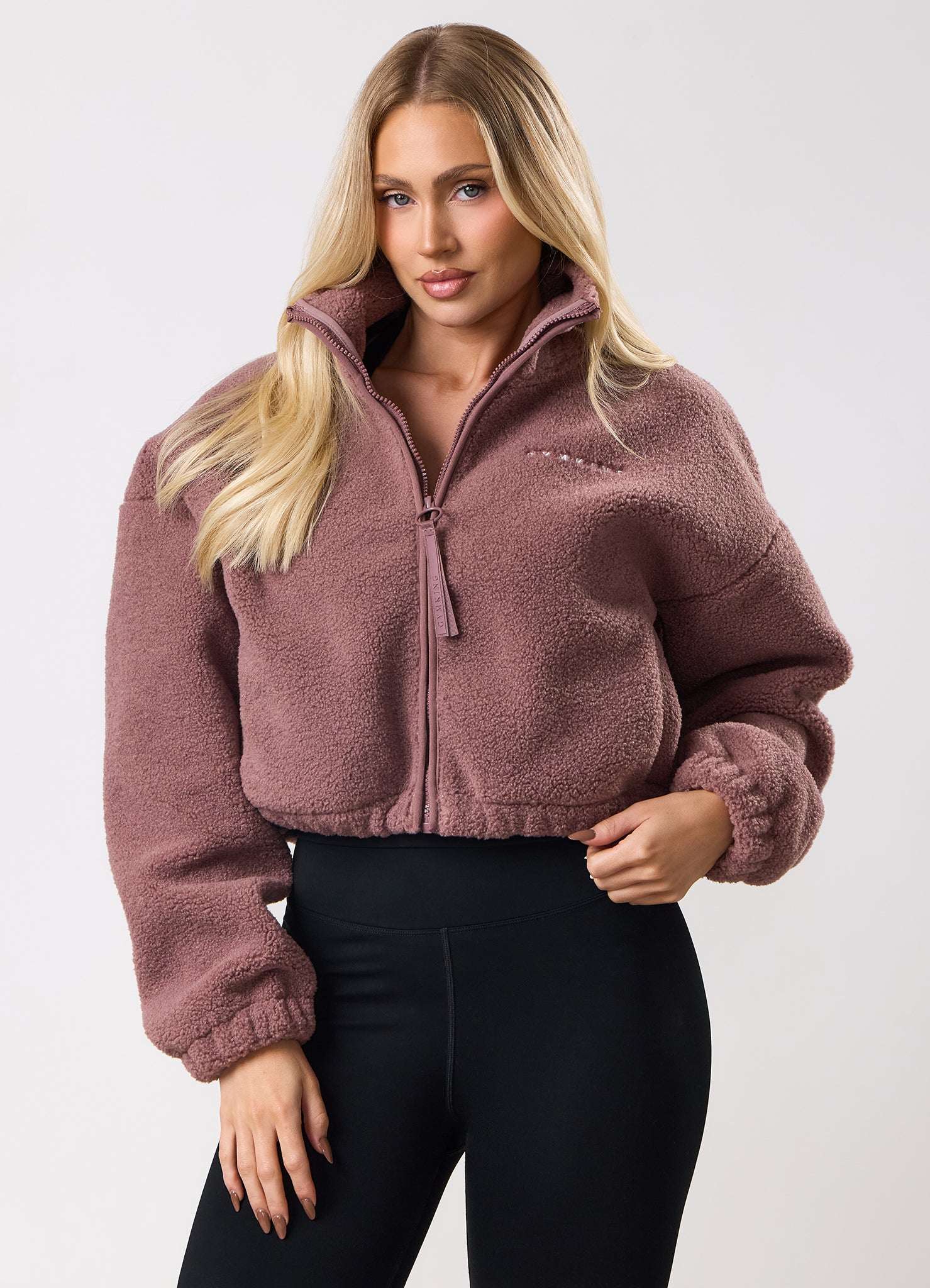 Gym King Linear Cropped Borg Full Zip - Brown Plum