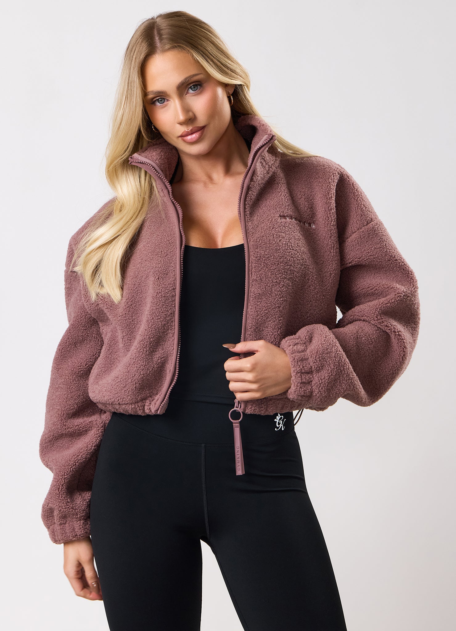 Gym King Linear Cropped Borg Full Zip - Brown Plum