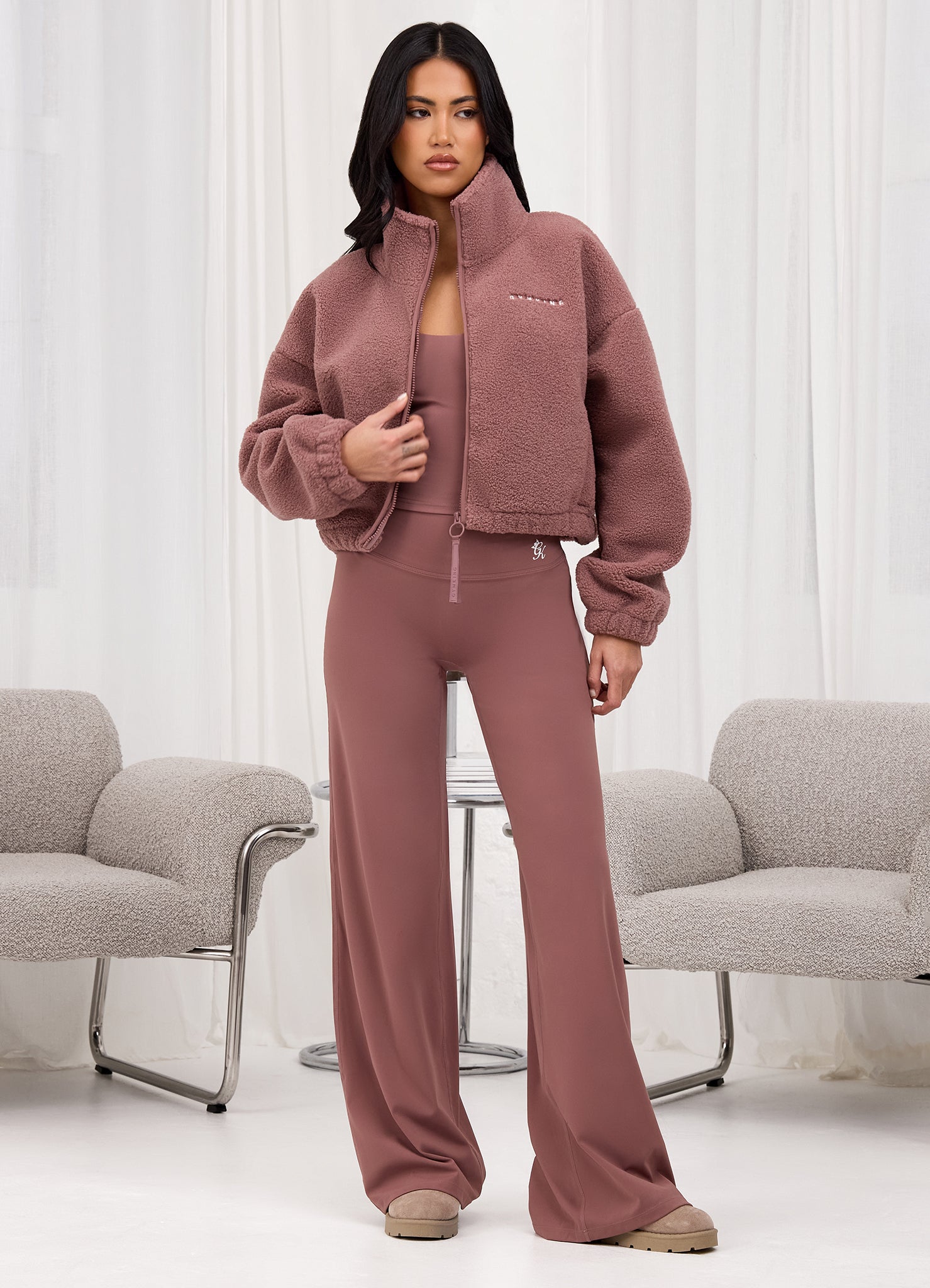 Gym King Linear Cropped Borg Full Zip - Brown Plum