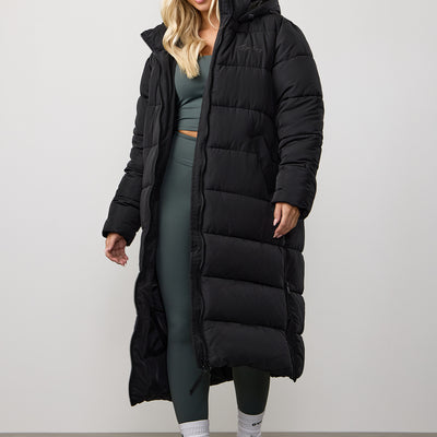 Gym King Longline Puffer Black women’s lightweight quilted jacket with full zip and side pockets