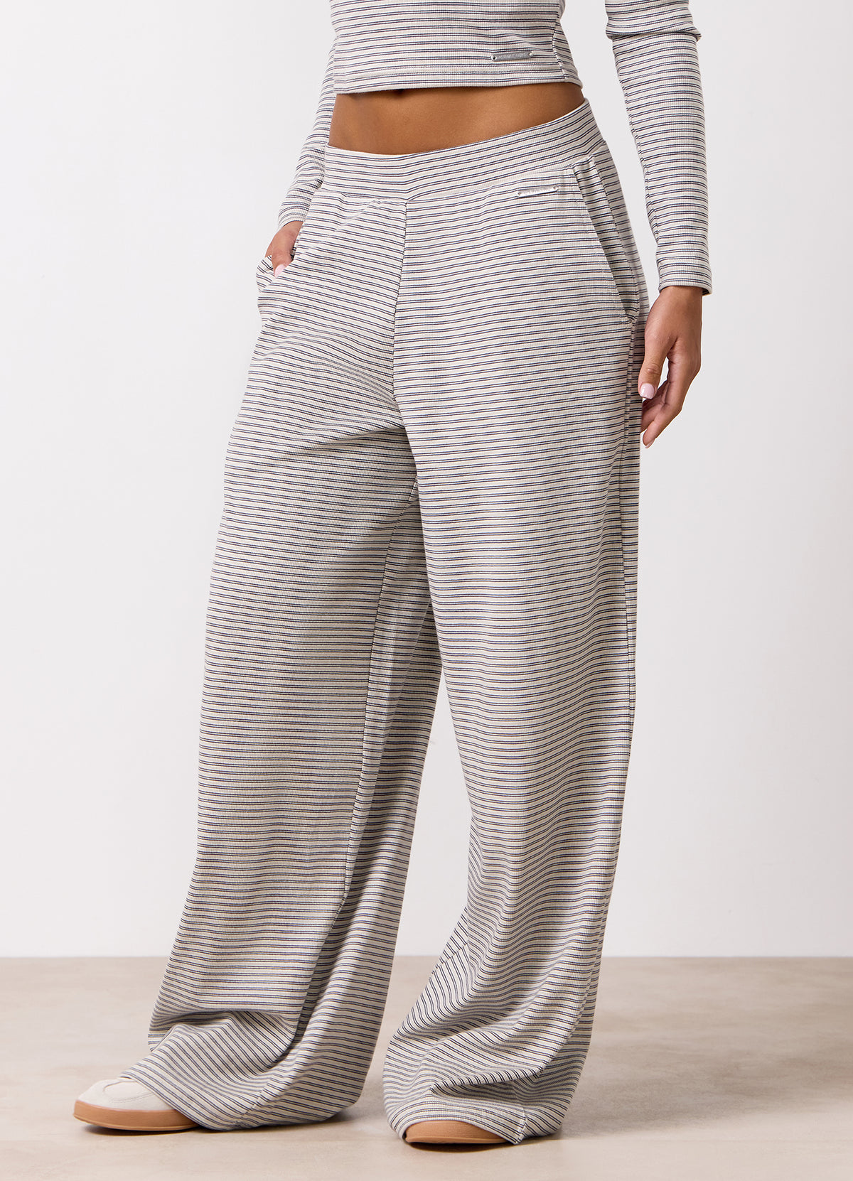 Gym King Lounge Mid Rise Wide Rib Trouser - Neutral Grey Stripe