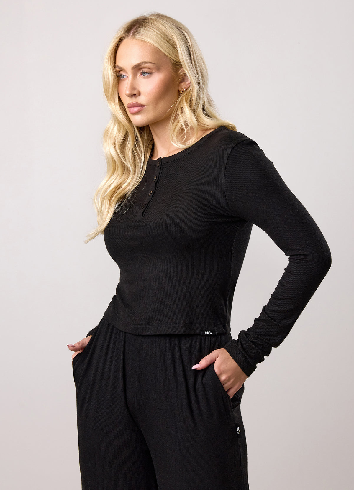 Gym King Lounge Long Sleeve Button Top - Black