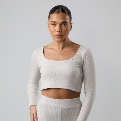 Gym King Serenity Rib Square Neck Long Sleeve Tee - Light Oatmeal Marl