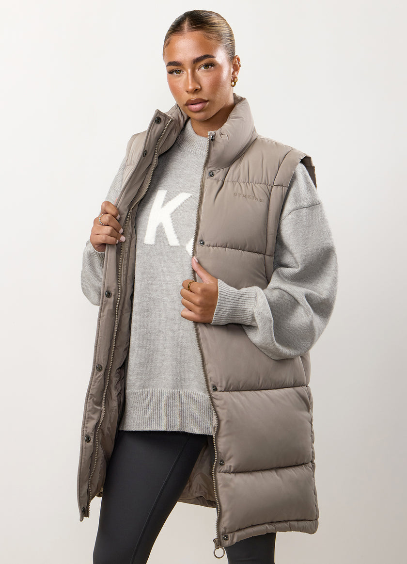 Gym King Padded Longline Gilet - Truffle