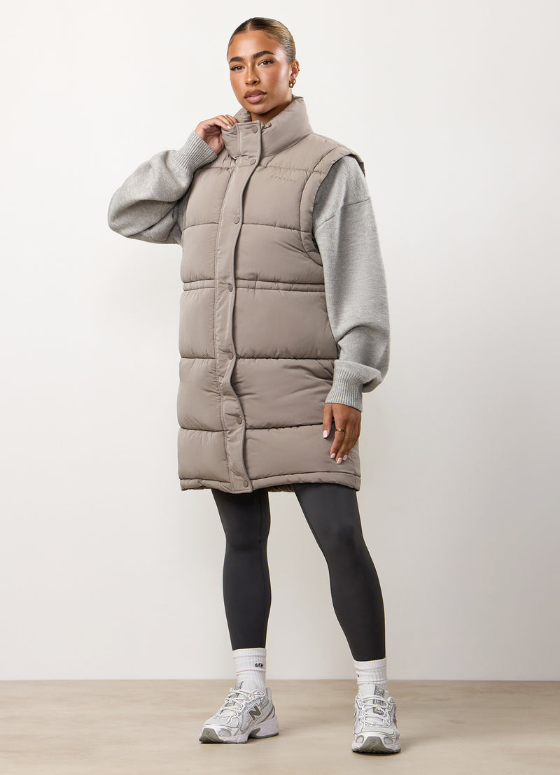 Gym King Padded Longline Gilet - Truffle