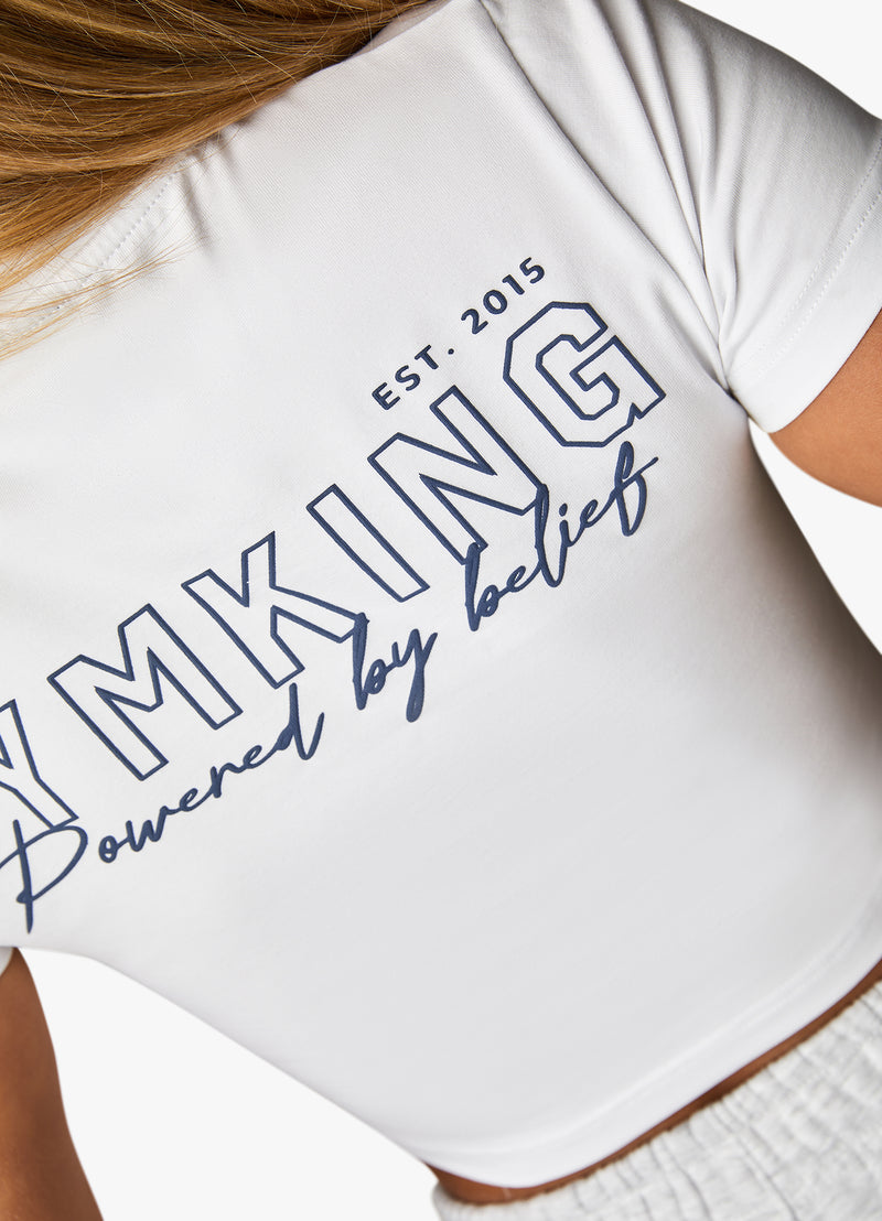 Gym King Powered By Belief Crop Tee - White/Blue Steel