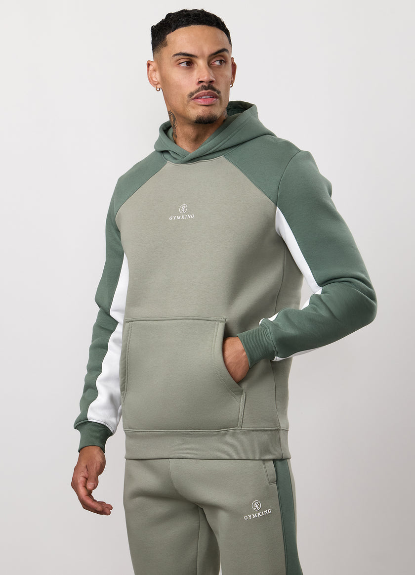 Gym King Power Colour Block Fleece Hood - Soft Khaki/Fern Green/White