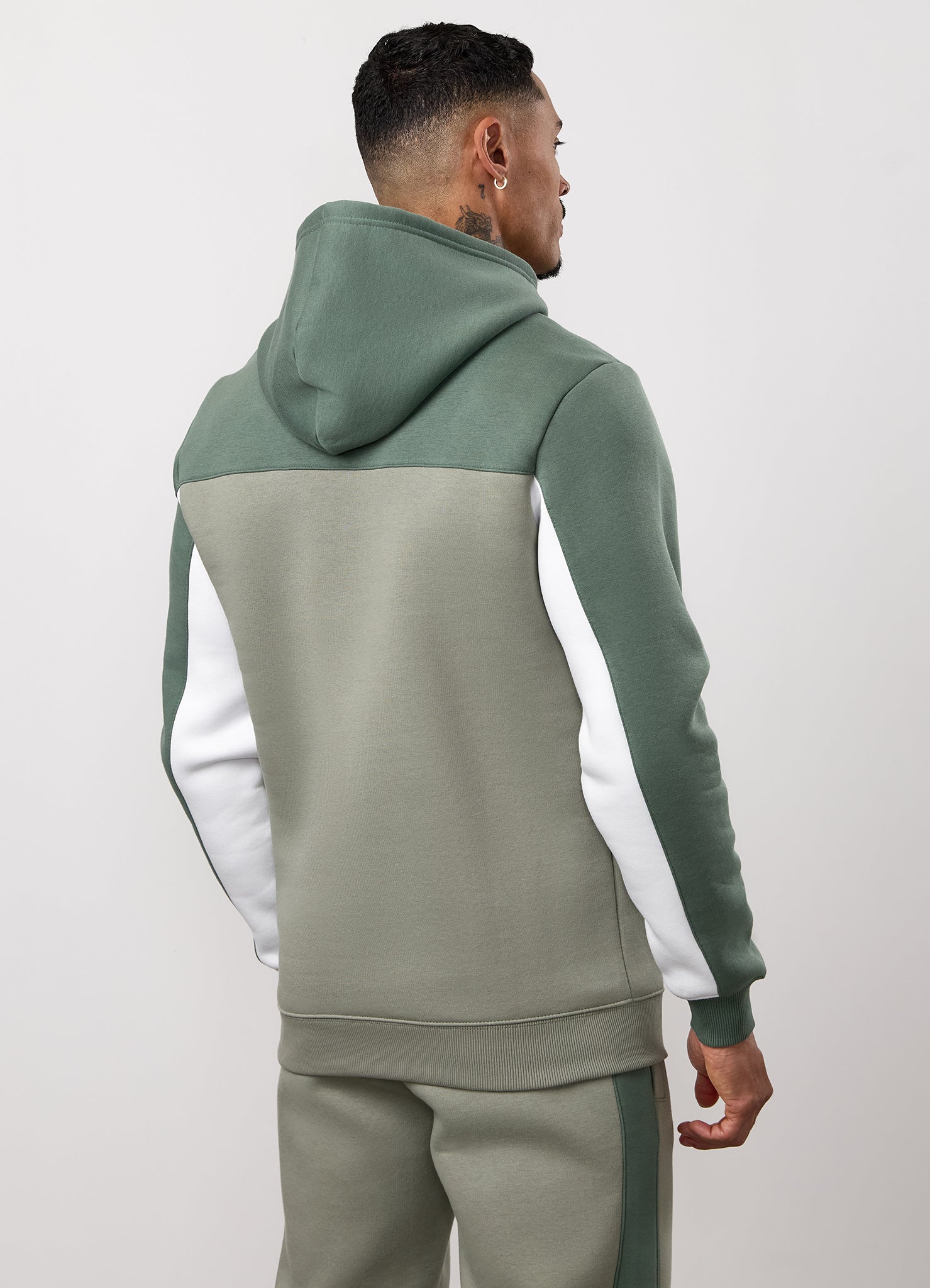 Gym King Power Colour Block Fleece Hood - Soft Khaki/Fern Green/White