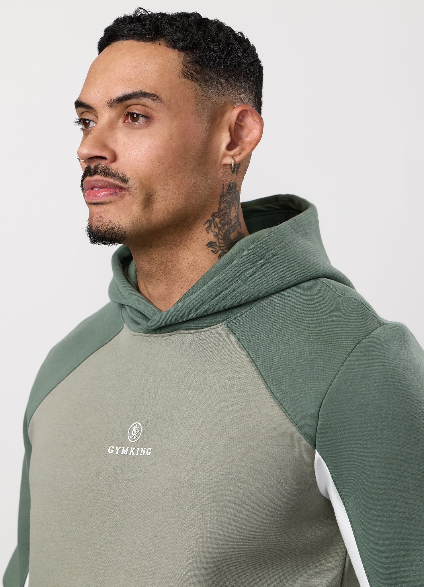 Gym King Power Colour Block Fleece Hood - Soft Khaki/Fern Green/White