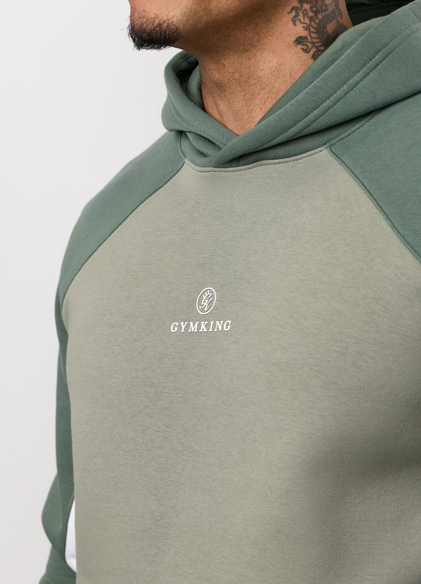Gym King Power Colour Block Fleece Hood - Soft Khaki/Fern Green/White