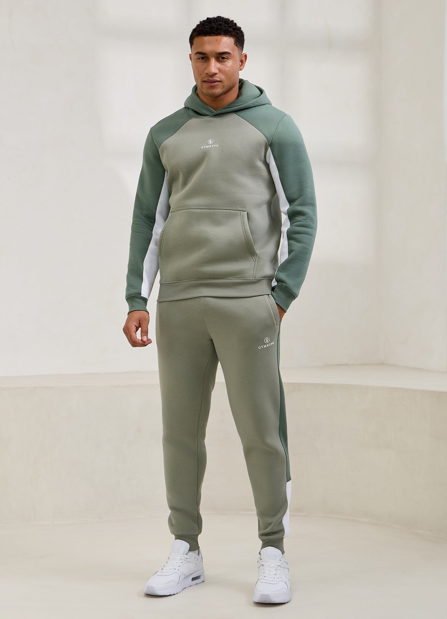 Gym King Power Colour Block Fleece Hood - Soft Khaki/Fern Green/White