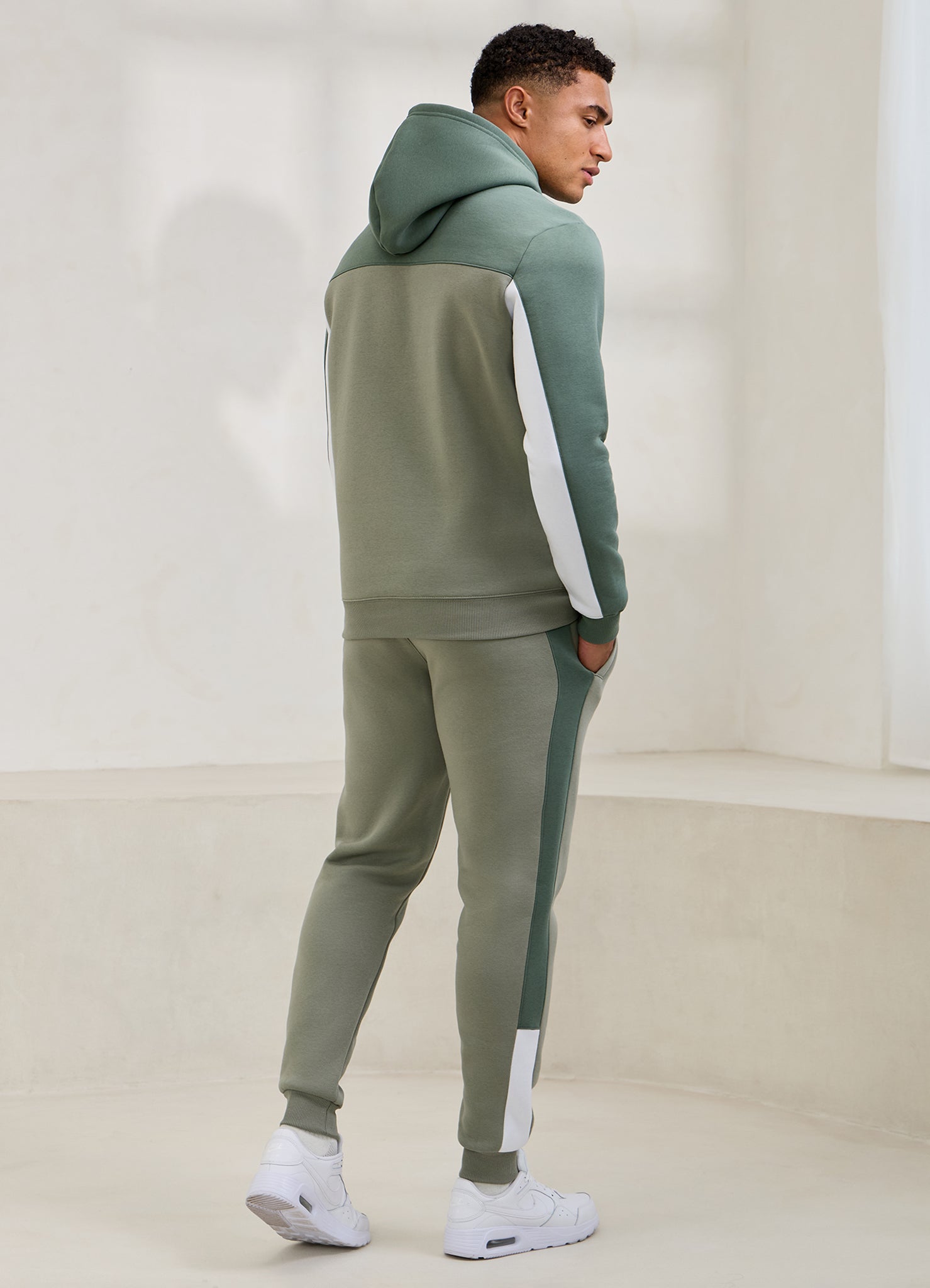 Gym King Power Colour Block Fleece Hood - Soft Khaki/Fern Green/White