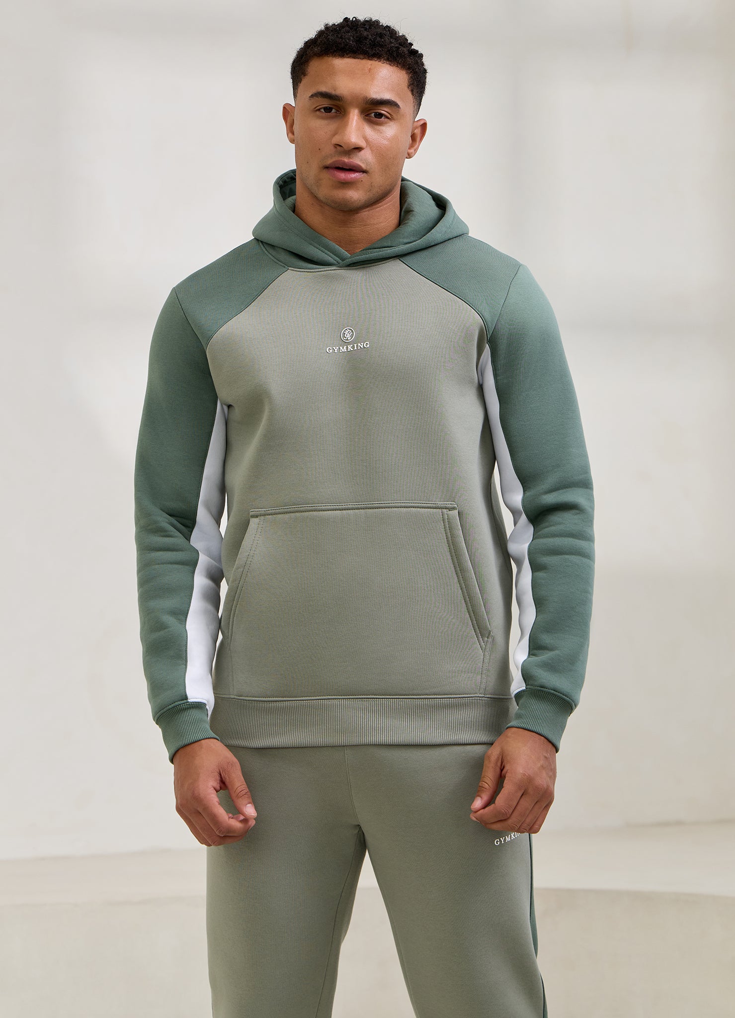 Gym King Power Colour Block Fleece Hood - Soft Khaki/Fern Green/White