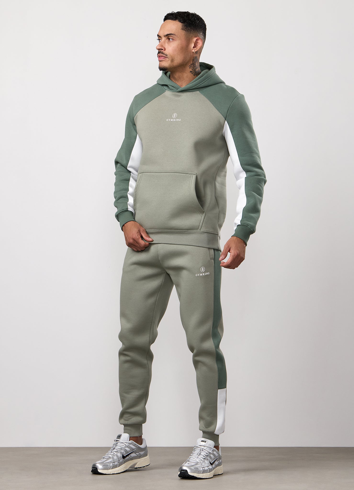 Gym King Power Fleece Hood Tracksuit - Soft Khaki/Fern Green/White
