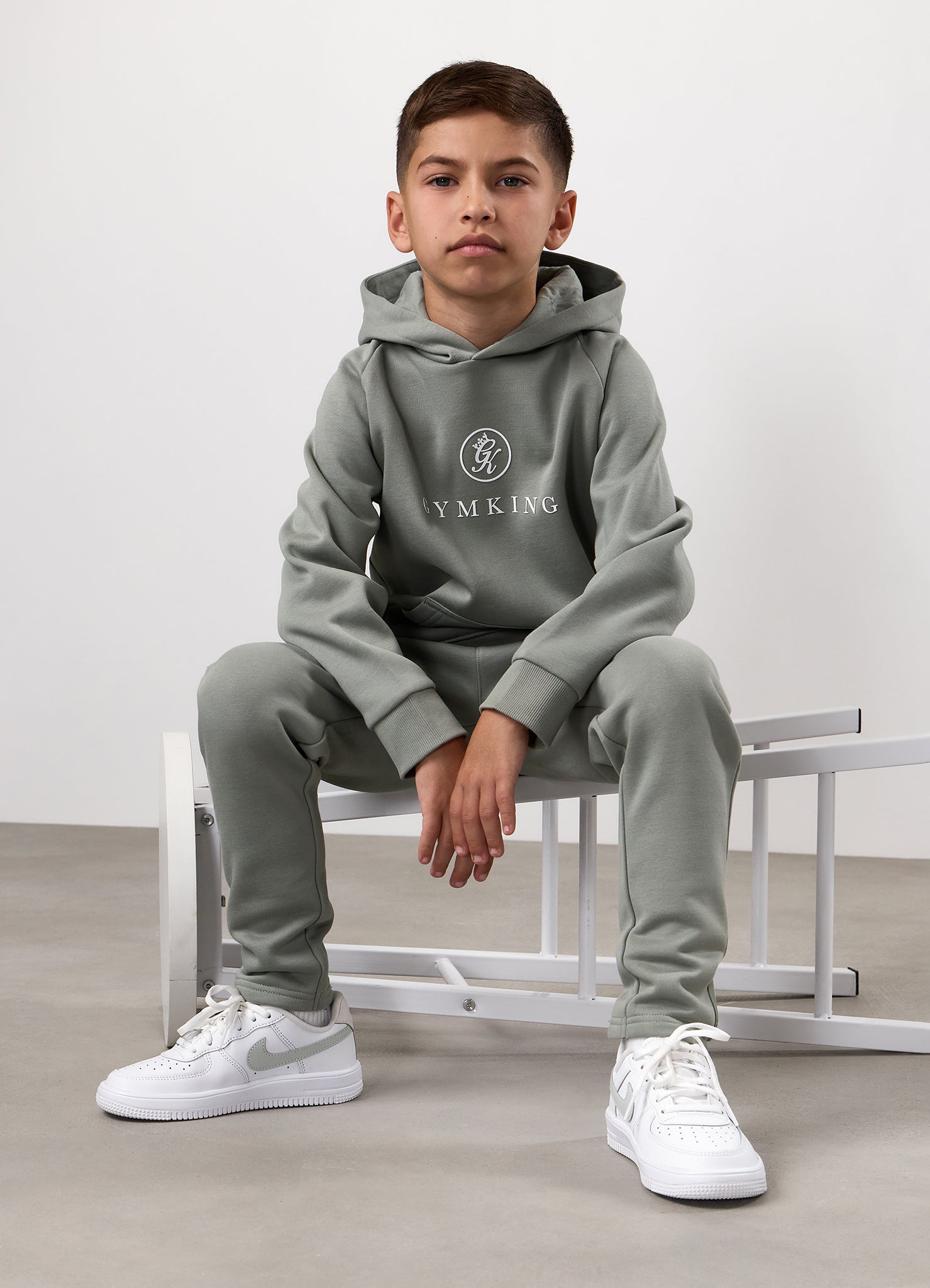 Gym King Kids Pro Logo Hood Tracksuit - Soft Khaki