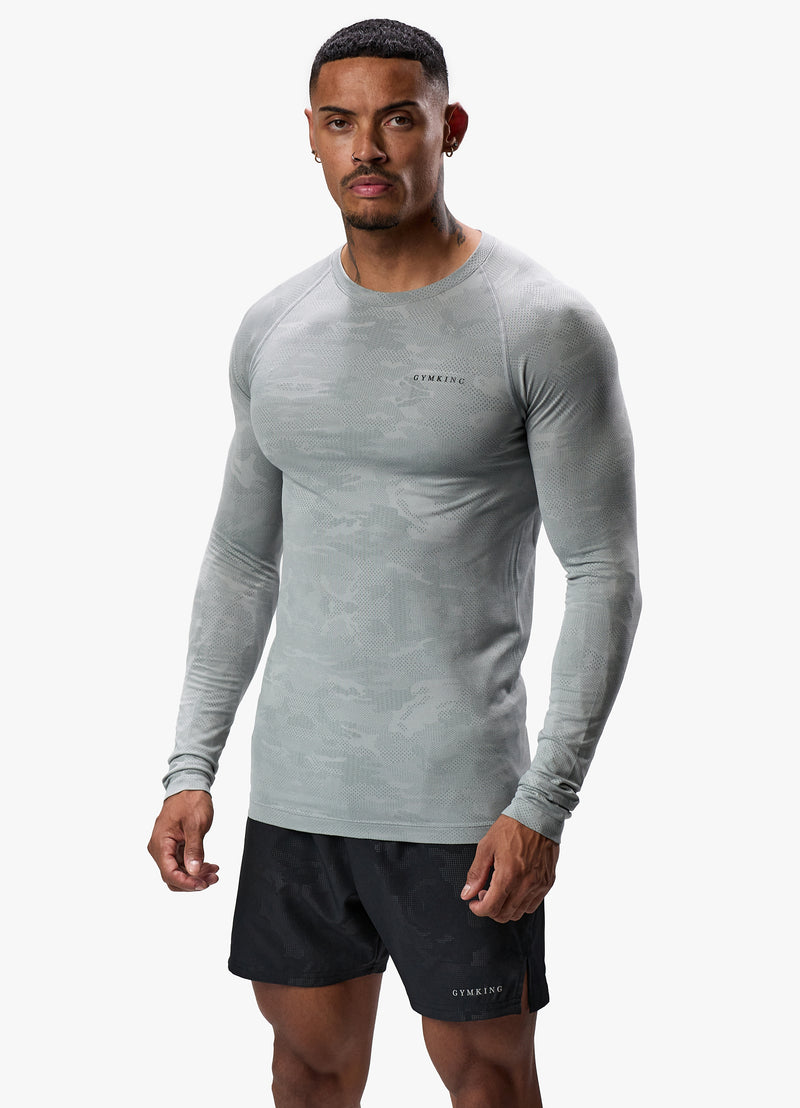 Gym King Debossed Camo Seamless LS Tee - Cloudy Grey