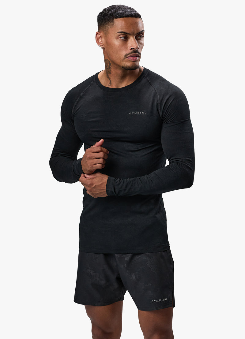 Gym King Debossed Camo Seamless LS Tee - Black