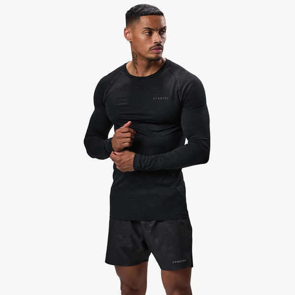 Gym King Debossed Camo Seamless LS Tee - Black