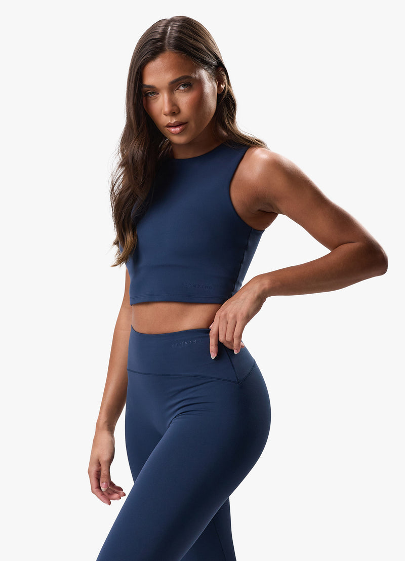 Gym King Peach Luxe High Neck Tank - Rich Blue Luxe