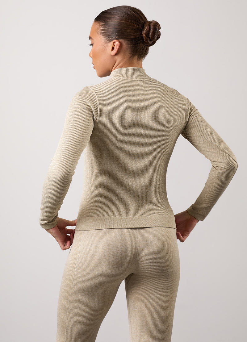 Gym King Formation Rib Longline 1/4 Zip Funnel - Oatmeal Marl