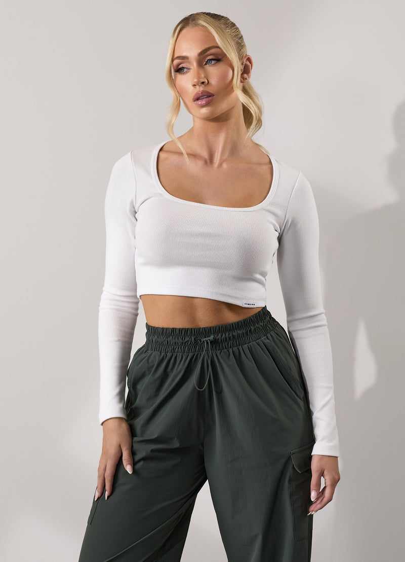 Gym King 365 Rib Long Sleeve Crop Tee - White