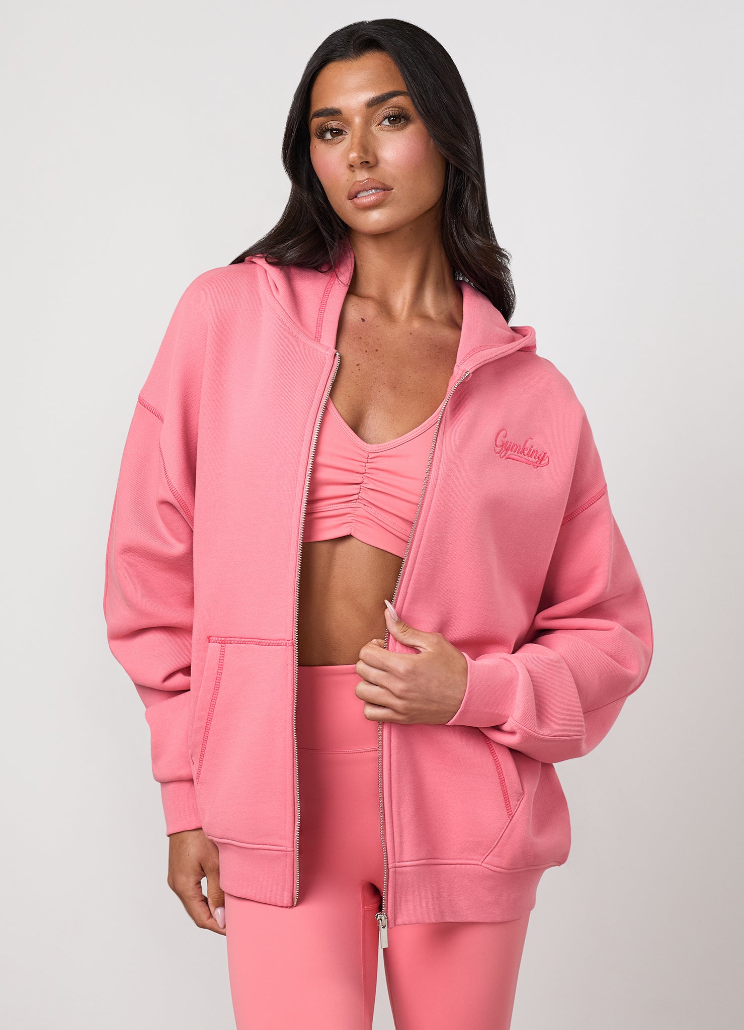 Gym King Renew Flatlock Full Zip Hoodie - Coral Punch