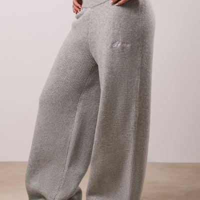 Gym King Rib Knit Mid Rise Wide Leg Trouser - Snow Marl