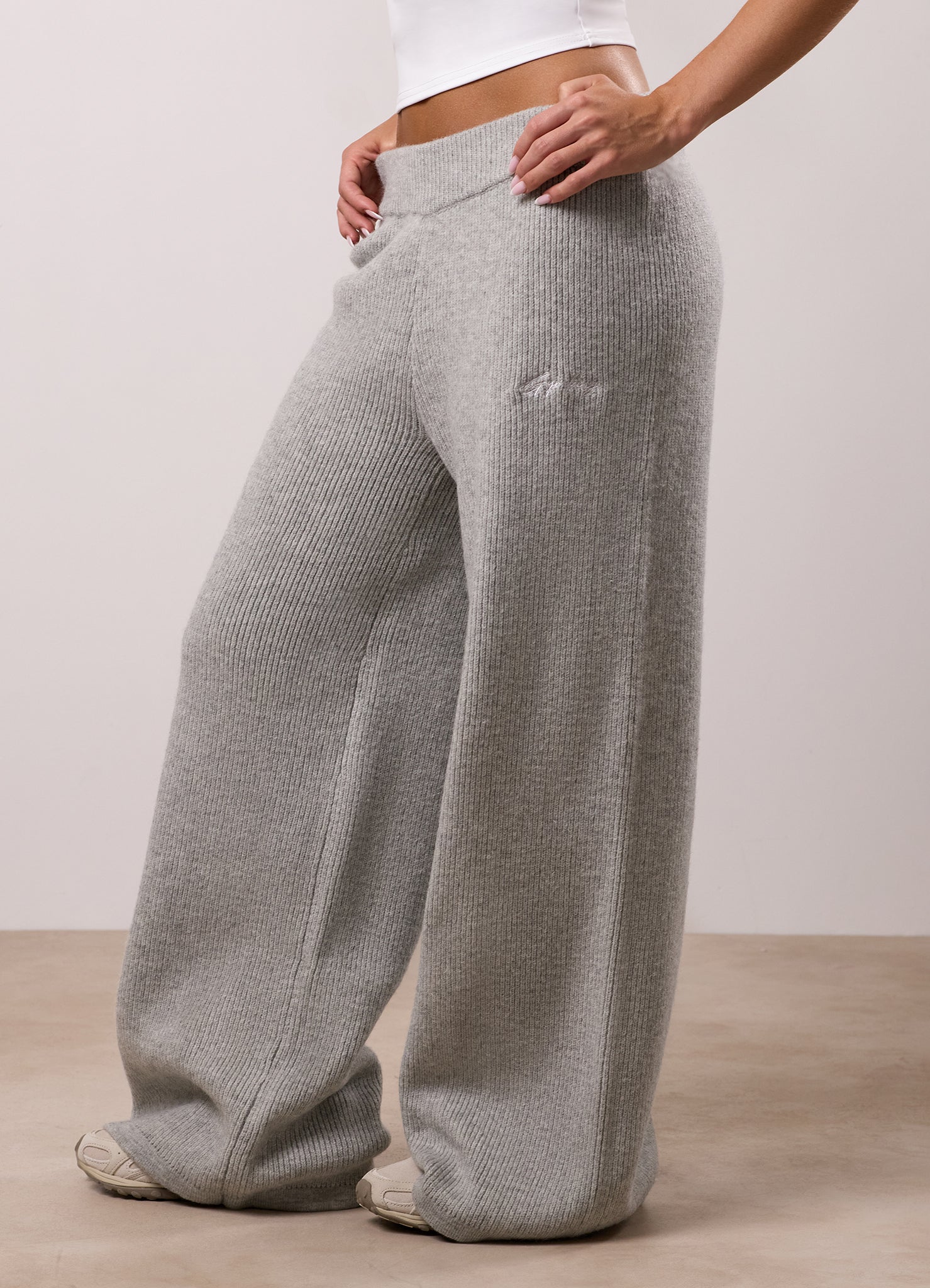 Gym King Rib Knit Mid Rise Wide Leg Trouser - Snow Marl