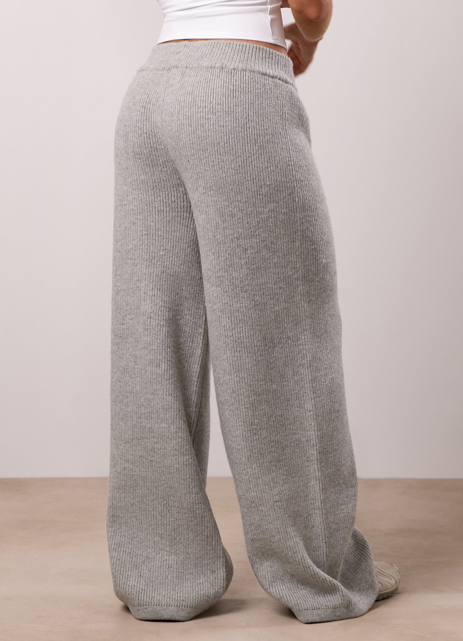 Gym King Rib Knit Mid Rise Wide Leg Trouser - Snow Marl