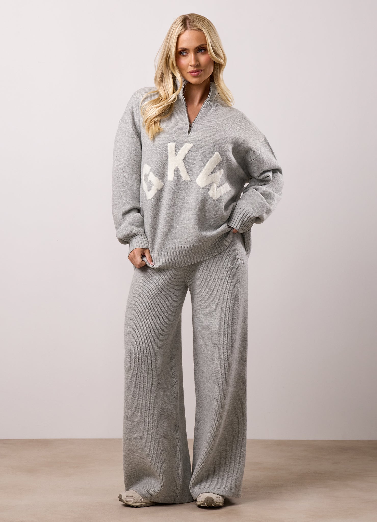 Gym King Knitted 1/4 Zip Tracksuit Set - Snow Marl