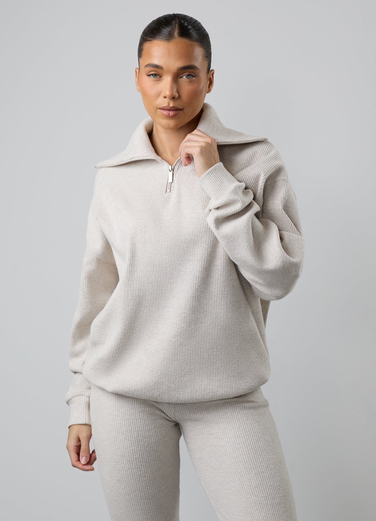 Gym King Serenity Rib High Neck Funnel - Light Oatmeal Marl