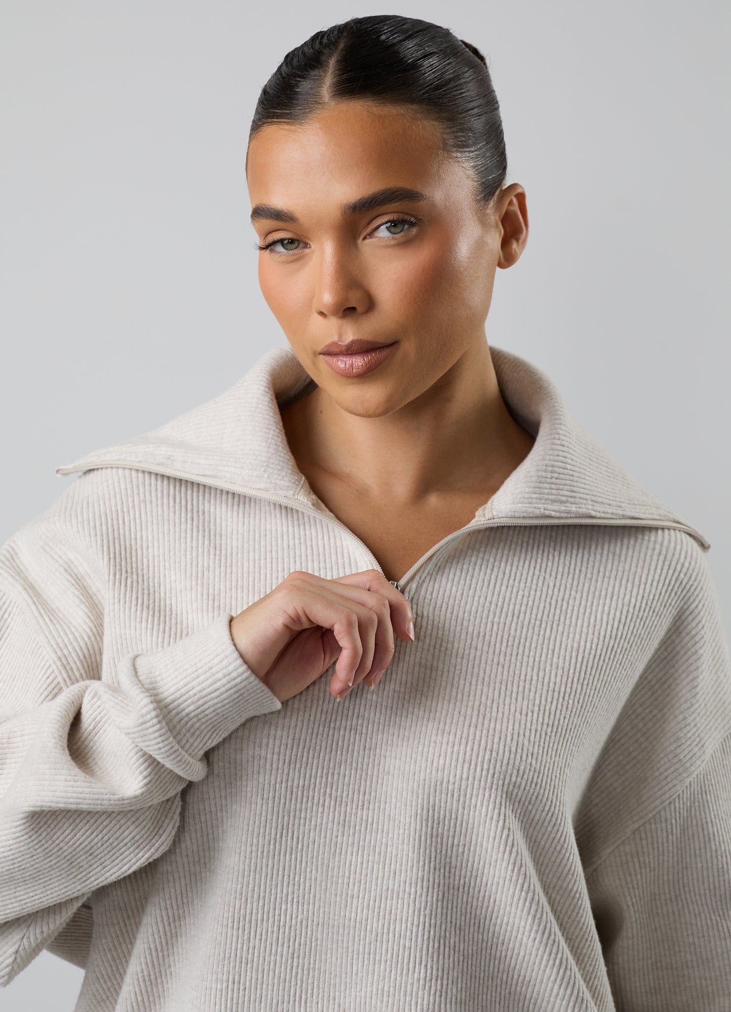 Gym King Serenity Rib High Neck Funnel - Light Oatmeal Marl