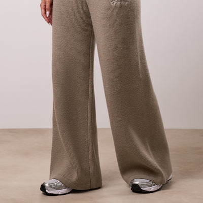 Gym King Rib Knit Mid Rise Wide Leg Trouser - Biscuit