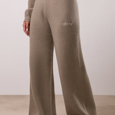 Gym King Rib Knit Mid Rise Wide Leg Trouser - Biscuit
