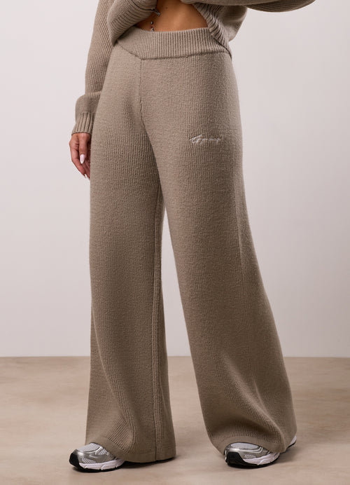 Gym King Rib Knit Mid Rise Wide Leg Trouser - Biscuit