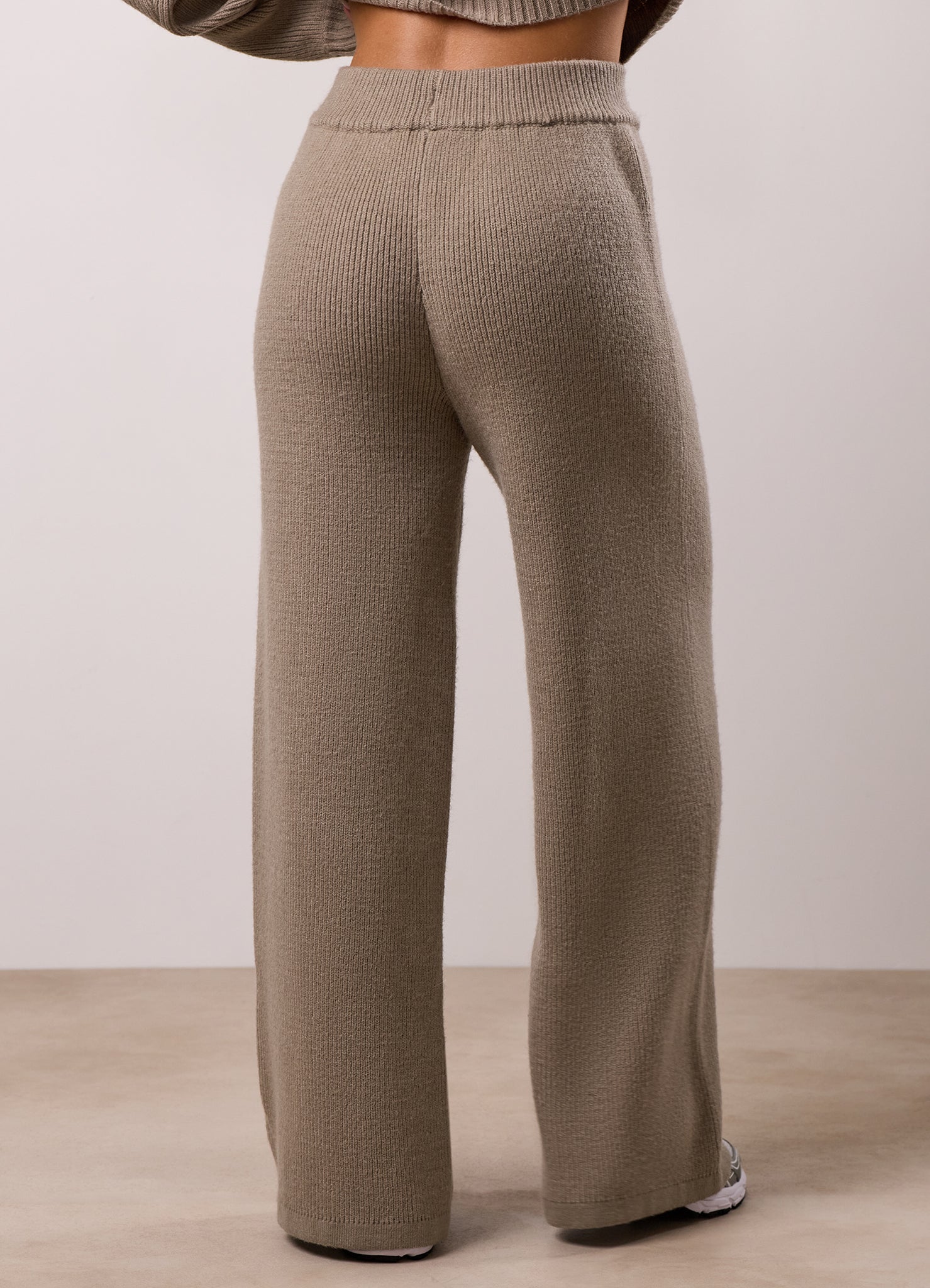 Gym King Rib Knit Mid Rise Wide Leg Trouser - Biscuit
