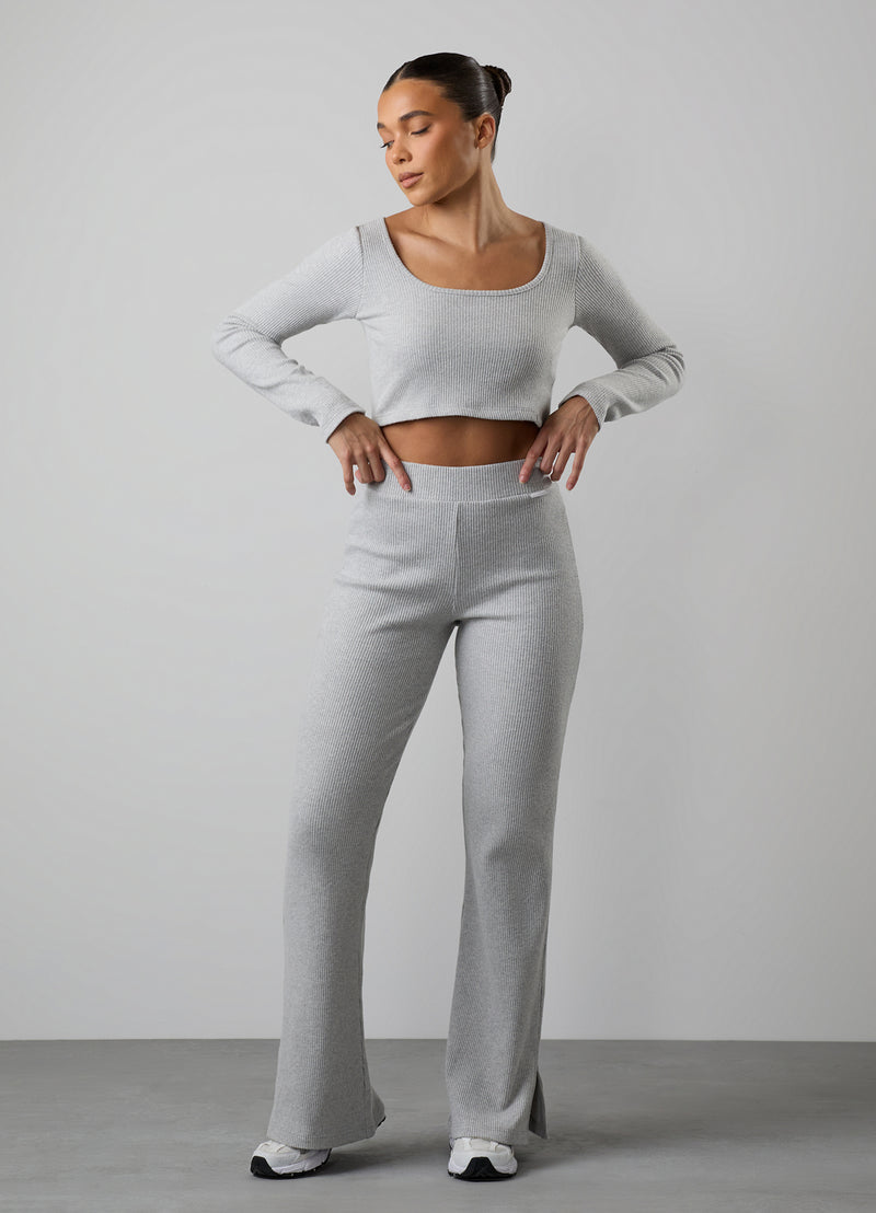 Gym King Serenity Rib Flared Split Hem Trouser - Grey Marl