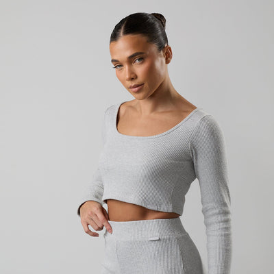 Gym King Serenity Rib Square Neck Long Sleeve Tee - Grey Marl