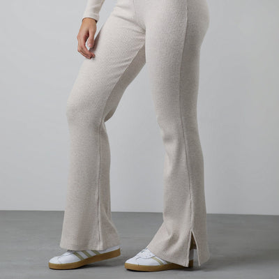 Gym King Serenity Rib Flared Split Hem Trouser - Light Oatmeal Marl